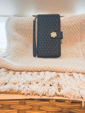 Quilted Black Wristlet Phone Wallet with Floral Snap For IPhone 14 Pro Max